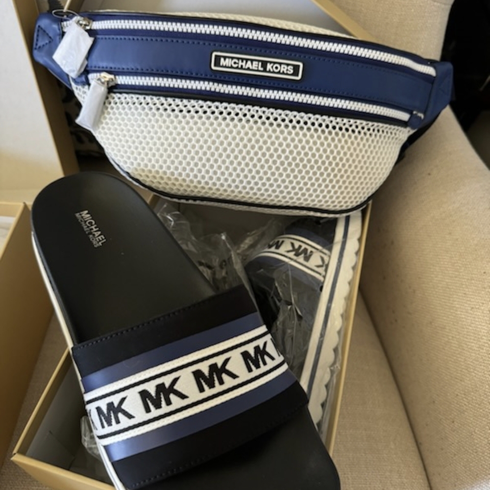 Authentic Michael Kors Women Slides With Matching Waist Bag -New
